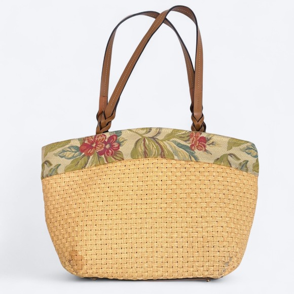 VTG Fossil Basket Weave Straw and Coastal Floral Tapestry Tote Bag Purse Grandma - Picture 1 of 14